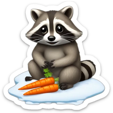 raccoon sits in an almost melted snowman, from which he pulled out a carrot sticker