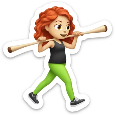 Red headed girl doing a workout with a musical drumstick in each hand but make the drumsticks lime green  sticker