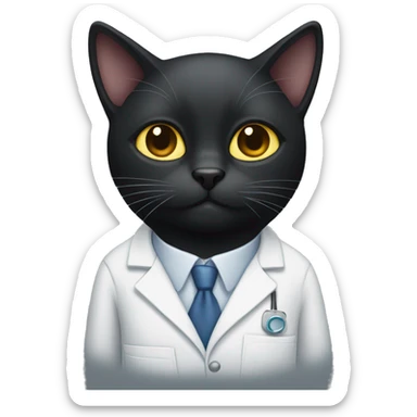 Black cat wearing lab coat with eyes crossed out sticker
