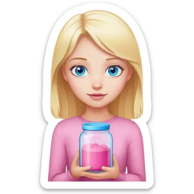 Blonde girl with blue eyes holding pink jar sticker