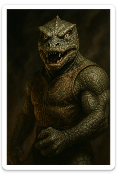 Gorn, the reptilian alien from Star Trek, dramatic detailed style with emphasis on scales and menacing posture sticker