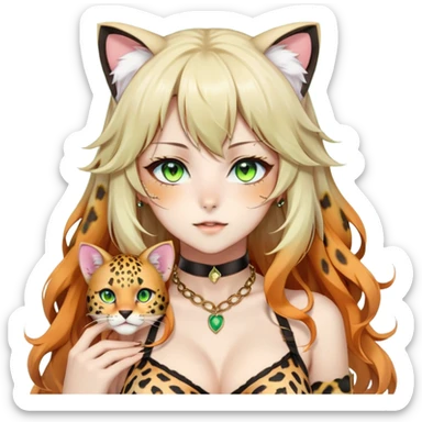 Beautiful gorgeous pretty anime lady, half-human-half-leopard, catgirl, round-leopard-cheetah-ears, nekomimi, kemonomimi, long wavy whitish-beige-hair with gradient-orange tips, colorful green eyes with thin slit pupils, black collar, white bra, gold necklace sticker