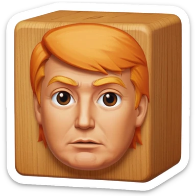 donald trump facial features and hair on a square wooden block sticker