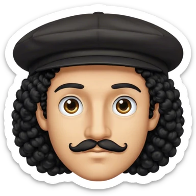 man with tanned skin, black curly hair, black cap, small black moustache and black eyes sticker