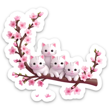 3D iOS-style cherry blossom branch with pink flowers and small white cats hiding among the petals, soft gradients, glossy finish sticker