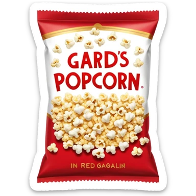 A packet of red and white popcorn. In the center of the package is written SCENE OF HORROR in Gold with the font gagalin sticker