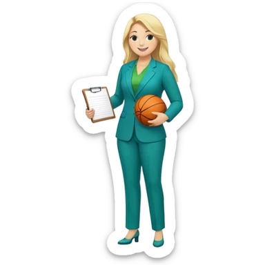 Full Body white plus size female with big nose basketball head coach using a clipboard with long blonde hair in a blue and green suit smiling with basketball and clipboard sticker