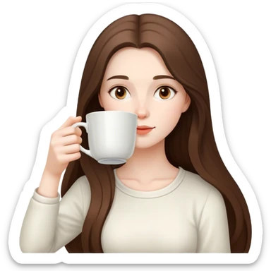  beautiful pale brunette girl with long hair drinking tea from a big cup sticker