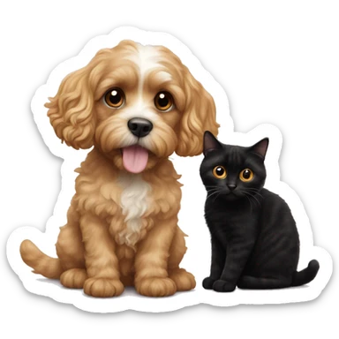 blonde cavapoo next to a black calico cat sticker