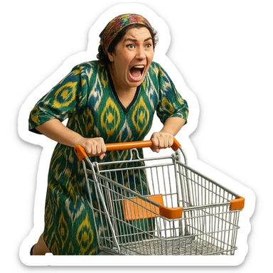 hysterical Uzbek woman with a shopping cart sticker
