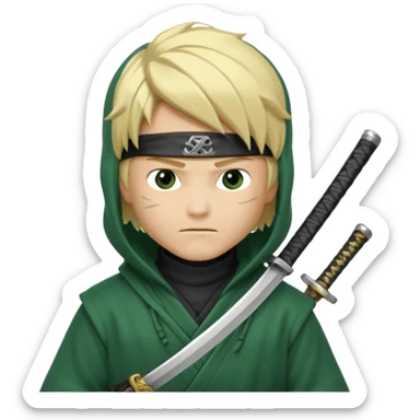 Green ninja Lloyd garmadon blonde hair, kaptur hoody on his head but blonde grzywka visible; the bottom left one is best (the one without miecze + black band + no mask of face) but add miecz; I want no band on head  sticker