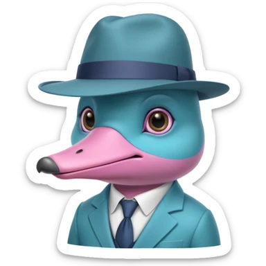 cute light blue turqiouse platypus head, mysterious with very big eyes with a detective hat, no  hands, looks like a platypus but blue, the hat and suit are pink sticker