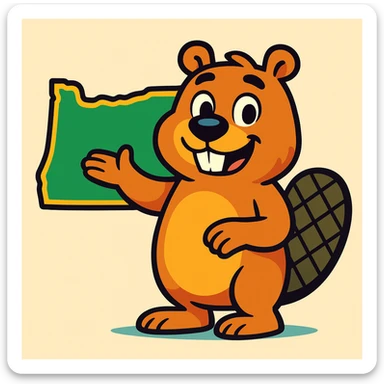 a beaver with an Oregon state outline, friendly cartoon style, vibrant toon sticker