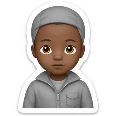 Black baby with straight face in a grey jumpsuit sticker