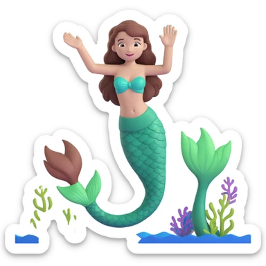 mermaid emoji with chestnut brown hair and a forest green tail, waving hand sticker