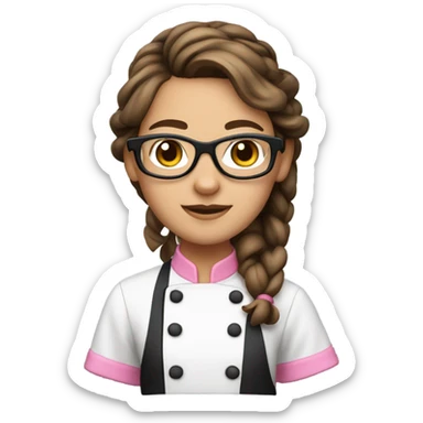 brown hair chef with black glasses and pigtail braids and a pink chef outfit sticker