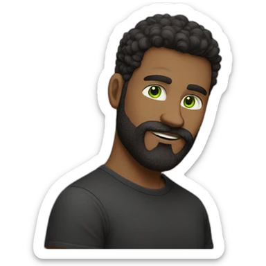 one white guy with dark brown longhair greeneye beard blacktshirt thumbup sticker