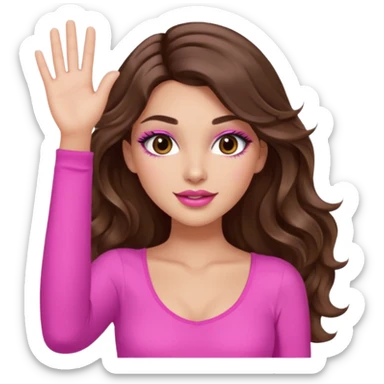 girl with long wavy brown hair, brown eyes, long lashes makeup, sexy pink lips, light to medium complexion, wearing a pink sexy top, one hand in the air high sticker