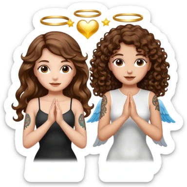 fake angel pose — long wavy brown hair tattooed woman and short tight curly brown hair woman — halo sparkle sticker