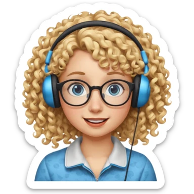 blond kid with unique face features and very curly hair kid girl happy and big glasess and big nose and very blue eyes with freckles kind of nerd looking and headphone wearing sticker