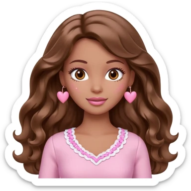 Barbie girl brown long wavy hair and brown eyes is In pale pink clothes There are pink hearts all around sticker