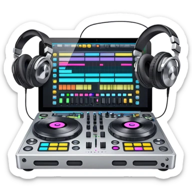 Create a professional and technical emoji that represents remixing music. The design should feature a high-end DJ controller, turntables with vinyl records, and a sound mixing console with faders to symbolize the technical aspects of remixing. Include elements like studio headphones and a laptop or digital audio workstation (DAW) screen to reflect the tools used in music production. Use colors like black, silver, and neon accents to convey the professional, high-tech nature of remixing. The background should be transparent. sticker