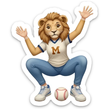 friendly anthropomorphised female lion wearing a baseball shirt, jeans, and trainers, in a squat position, lifting something up sticker