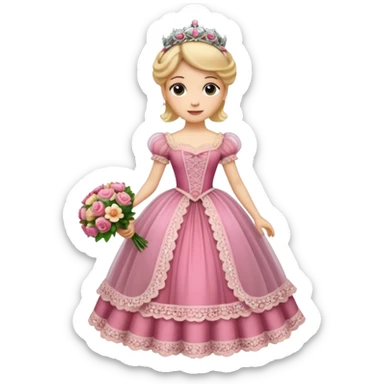 An emoji portrait of a Victorian princess. She is wearing an elaborate crinoline ball gown with intricate lace trim and ribbons. She wears a tiara on her head, and her expression is poised and proper. She is holding a small bouquet of flowers. sticker
