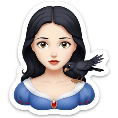 Cinematic Serene Snow White Portrait Emoji, rendered in a simplified vector style. Depict a gentle Snow White (chest and above) with flawless porcelain skin and flowing raven hair, her kind eyes and calm expression exuding a quiet, enchanting charm. The image glows softly with an inviting, pure light and is outlined with a subtle glow. sticker