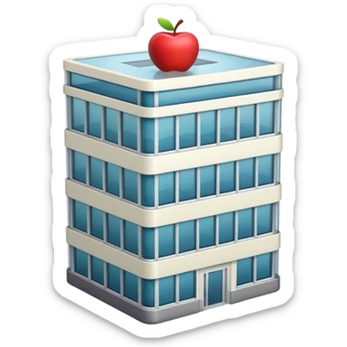 3D emoji-style icon of a compact office building, people visible through glass, Apple iOS style, soft lighting, glossy finish, white background sticker