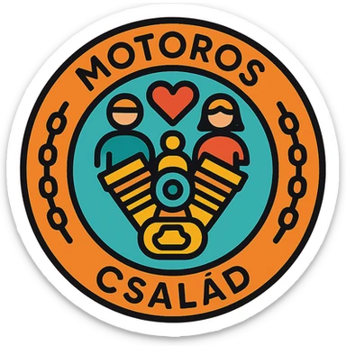 circular motorcycle cap design with the Hungarian phrase 'Motoros Család', featuring motorcycle motifs like motor, heart, chain, family style sticker