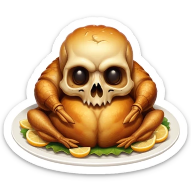 Roasted chicken with a skull head sticker