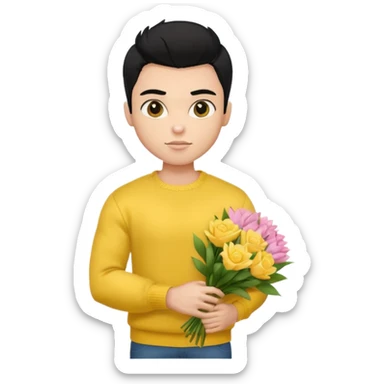 a pretty bratz guy carrying a bouquet and a yellow sweater. Muscled. black hair sticker