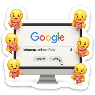 SCHERMO DI PC CON LA SCRITTA "informazioni confuse" SULLA BARRA DI RICERCA GOOGLE SULLO SCHERMO E IL CLICK DEL MOUSE SULLA SCRITTA CERCA, stile emoji iphone fluttuano in aria stringendo in mano un pezzo di colon intestinale, iperrealistico 4k sticker