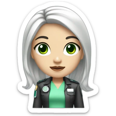 a medic girl with cream, shoulder-length black hair, with accessories, green eyes sticker