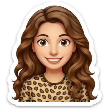 30 yr old italian woman, long brown wavy hair, big brown eyes, huge smile, animal print shirt, no bangs,  sticker