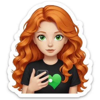 Girl with dark long orange wavy hair, green eyes, and black t-shirt with tiktok on hand sticker