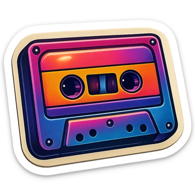 retro sticker art of a cassette tape, vibrant colors, no border, transparent background sticker