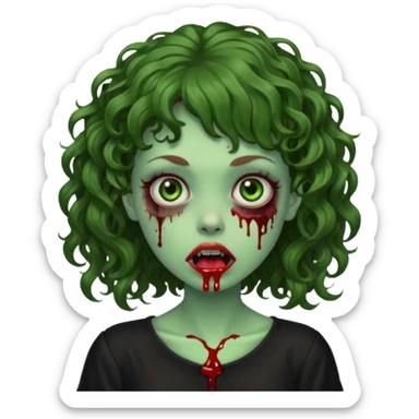 Green zombie emoji girl with curly Brown hair, with curly bangs, wearing a black bluse, blood Just in the tongue sticker