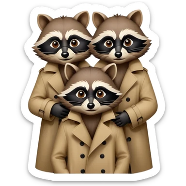 three raccoons stacked on top of each other wearing a trench coat sticker