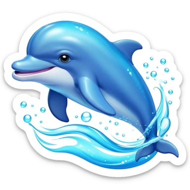 Cinematic Adorably Playful Dolphin Portrait Emoji, Bouncing joyfully through sparkling turquoise waves with a sleek, streamlined body of glossy blue skin, a wide, infectious smile, and bright, twinkling eyes that radiate pure delight, Simplified yet charmingly exuberant features, highly detailed, glowing with a radiant, bubbly aquatic glow, high shine, energetic and heartwarming, stylized with an air of whimsical ocean fun, soft glowing outline, capturing the essence of a super cute dolphin that seems ready to leap out of the screen spreading joy! sticker