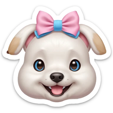 a cute white dog wearing a pink blue pastel bow on his head while he smiles excitedly sticker