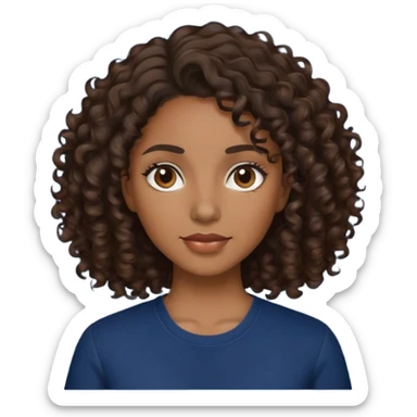 brown skin woman with dark brown curly hair wearing a navy blue shirt sticker
