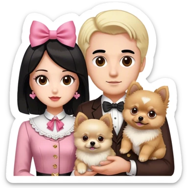 blonde girl old money outfit brown eyes with his boy husband white skin black hair and brown eyes with two pomeranian baby 1 white and another red brown with pink bow for the dogs sticker