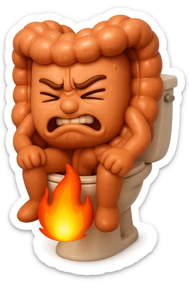 SU QUESTO STILE FAI UN EMOJI STILE IPHONE 3D DI UN INTESTINO CHE sta seduto sul wc e dal wc in mezzo alle sue gambe esce una fiamma stile emoji iphone, FAGLI UN ESPRESSIONE di dolore mentre si sforza E FALLO MOLTO REALISTICO IN 3D sticker