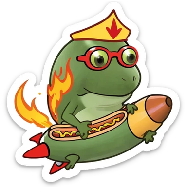 riding a hotdog rocketship, full body, flames coming out the back sticker