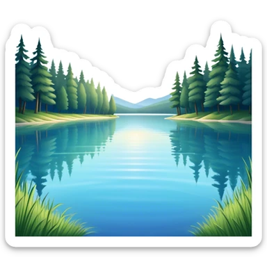 Cinematic Realistic Lake Emoji, Calm and reflective, with clear blue waters mirroring the surrounding landscape, framed by tall trees and grassy shores. The sunlight sparkles on the water’s surface while birds and animals play at the edge. Soft glowing outline, capturing the essence of peaceful serenity in a tranquil lake. sticker