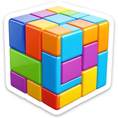 A 3D Tetris-style cube block with a smooth, glossy surface. Bright and vibrant colors, slightly reflective, with soft shadows. The cube should have a modern and playful look, resembling classic Tetris game aesthetics sticker