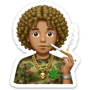 curly hair wearing bathing ape shirt smoking weed with grills sticker