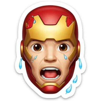 Create a man in an Iron Man costume who is crying with his mouth open and tears flowing sticker